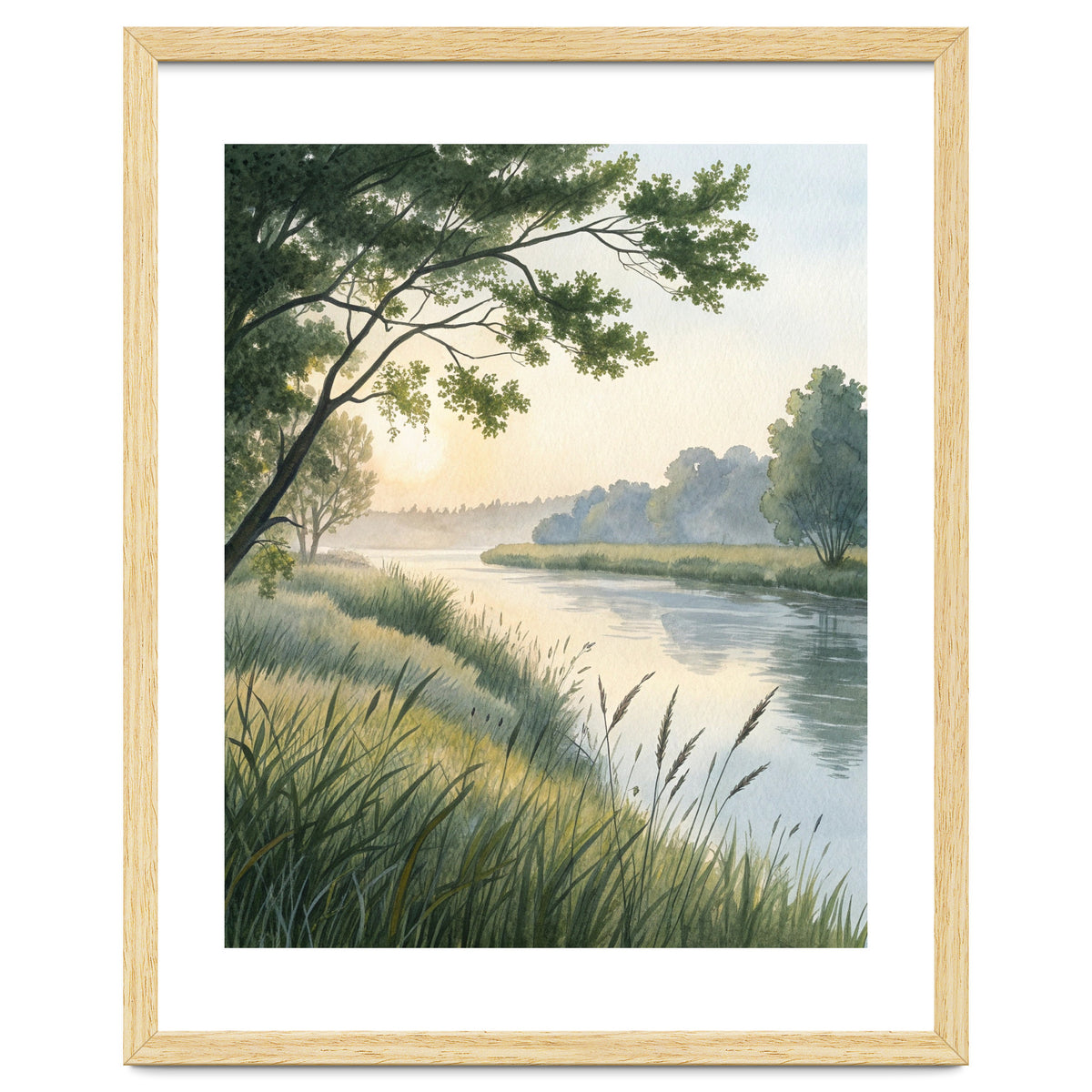Serene River Sunrise Watercolor Painting with Meadow Grasses and Warm Golden Atmosphere Landscape