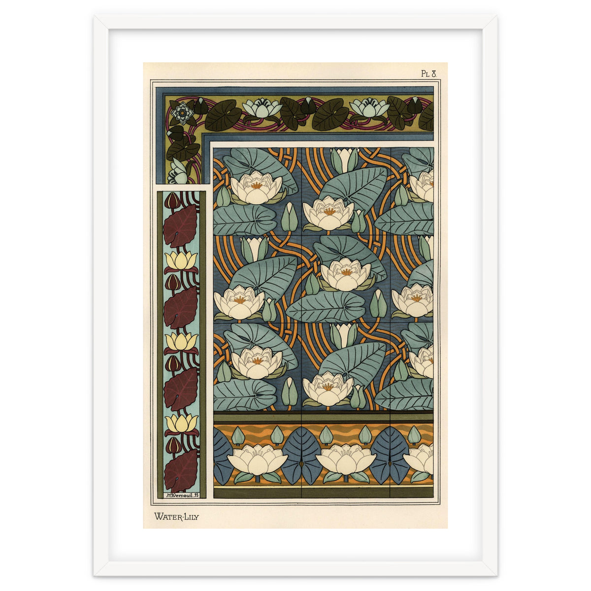 The water lily, Nelumbo lutea, in wallpaper and tile patterns. Lithograph by Verneuil.