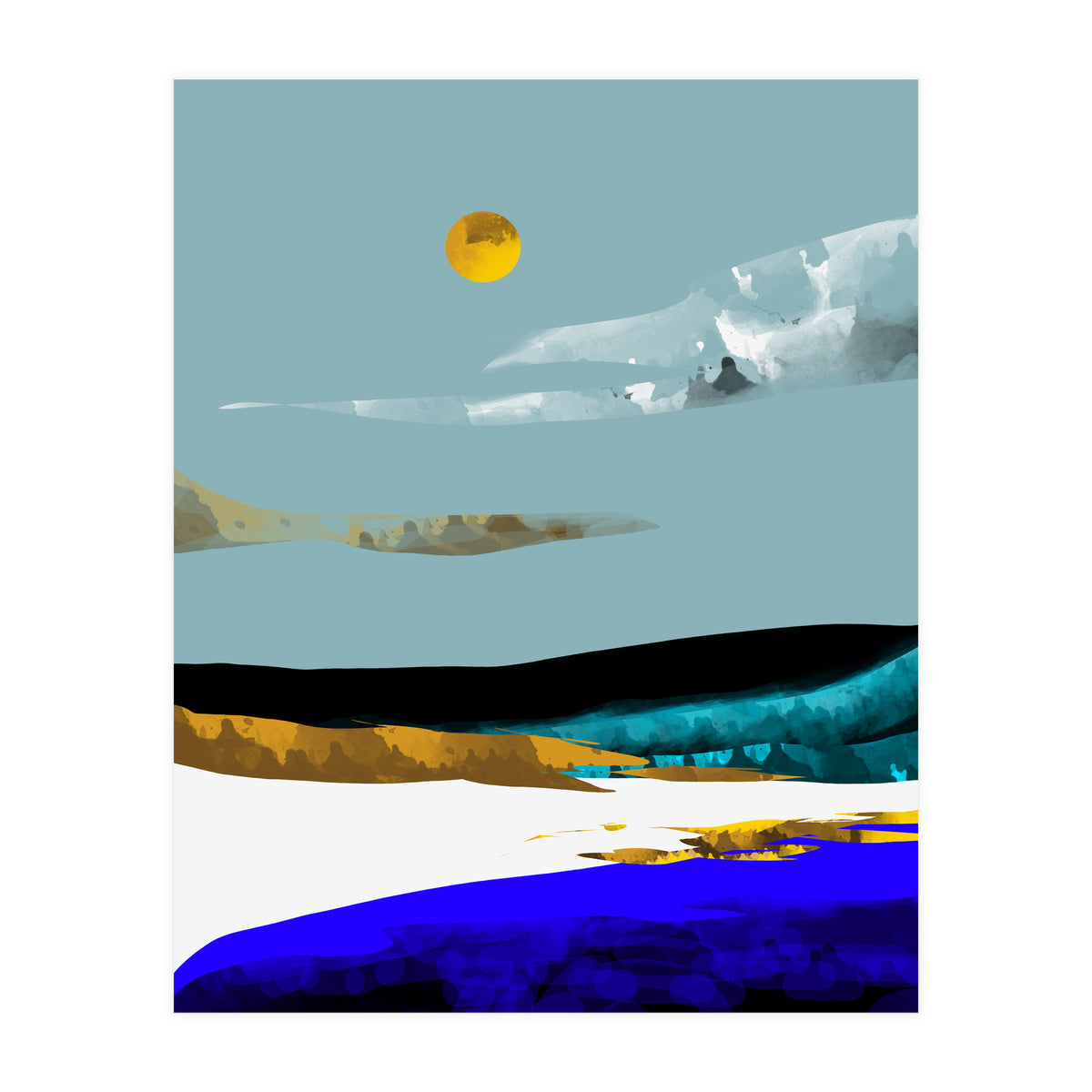 Duality & Intention, Abstract Nature Landscape Adventure Painting, Travel Mountains Sun Sky Scandinavian Clouds (Print Only)