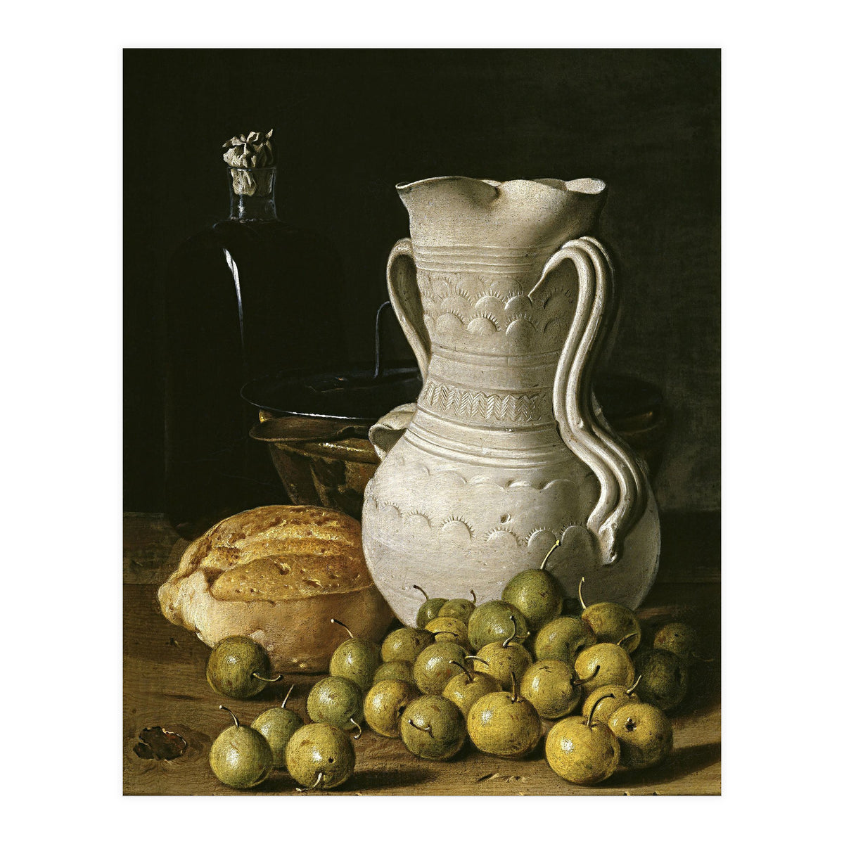 Luis Egidio Meléndez: 'Still Life with Small Pears, Bread, White Pitcher, Glass Bottle, and.., 1760. (Print Only)