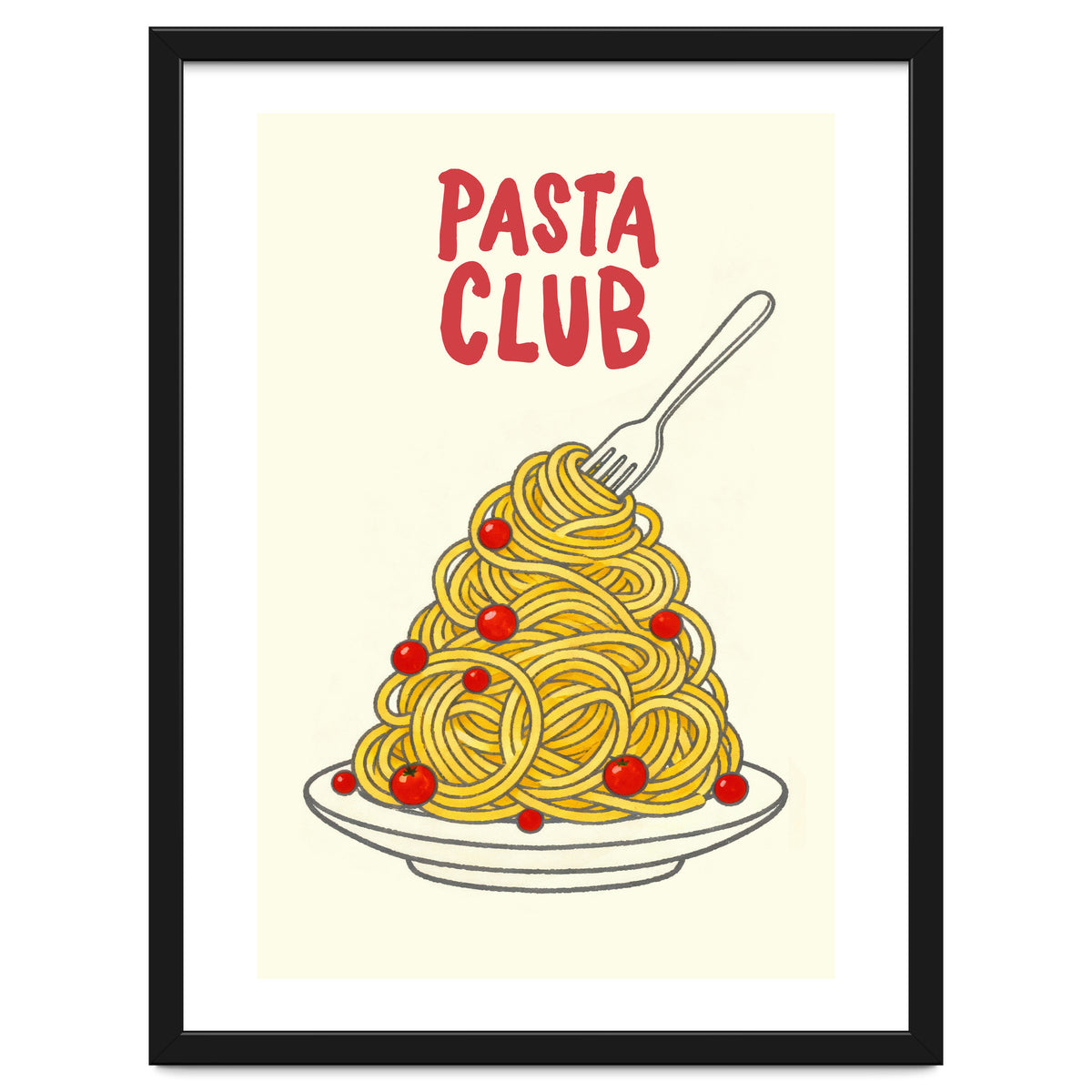 Pasta Club Illustration, Spaghetti and Tomatoes Art Print for Kitchen Wall Decor