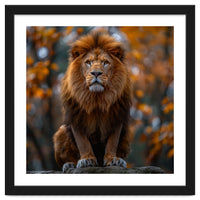 Majestic Lion Sitting On A Rock In Autumn Forest