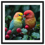 Lovebirds Perched Amidst Red Berries And Green Foliage thumbnail