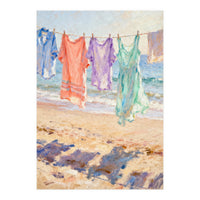 Laundry Drying by the Sea, Colorful Clothes on a Beach Clothesline, Coastal Summer Pastel Painting, Relaxing Ocean Shore Art Print (Print Only)