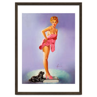 Pinup Girl On A Scale With Her Little Black Dog Behind