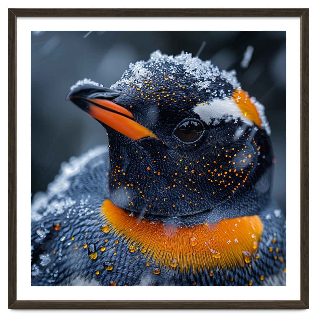 Close Up Penguin In Snow With Water Droplets