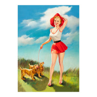 Pinup Girl In Little Red Dress And Two Dogs (Print Only)