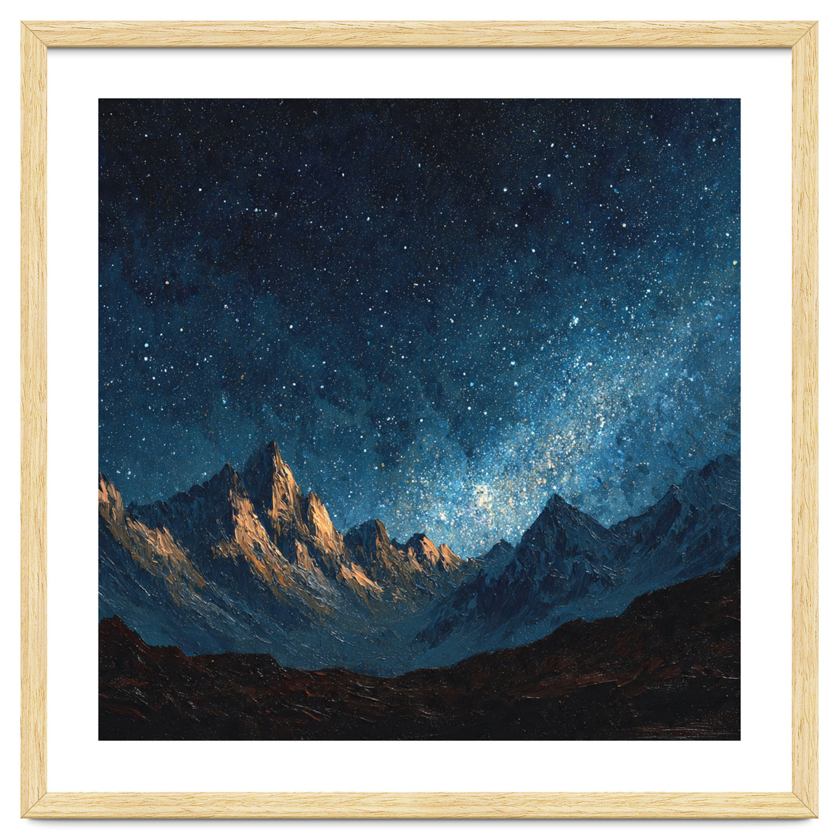 Starry Night Over Majestic Mountains Impasto Oil Painting Style