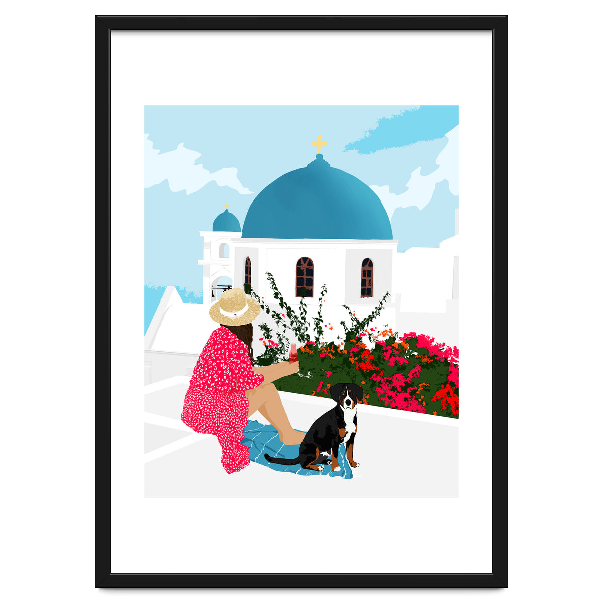 Greek Staycation, Pets Santorini Tropical Summer Travel, Dog White Buildings Architecture Fashion Bohemian