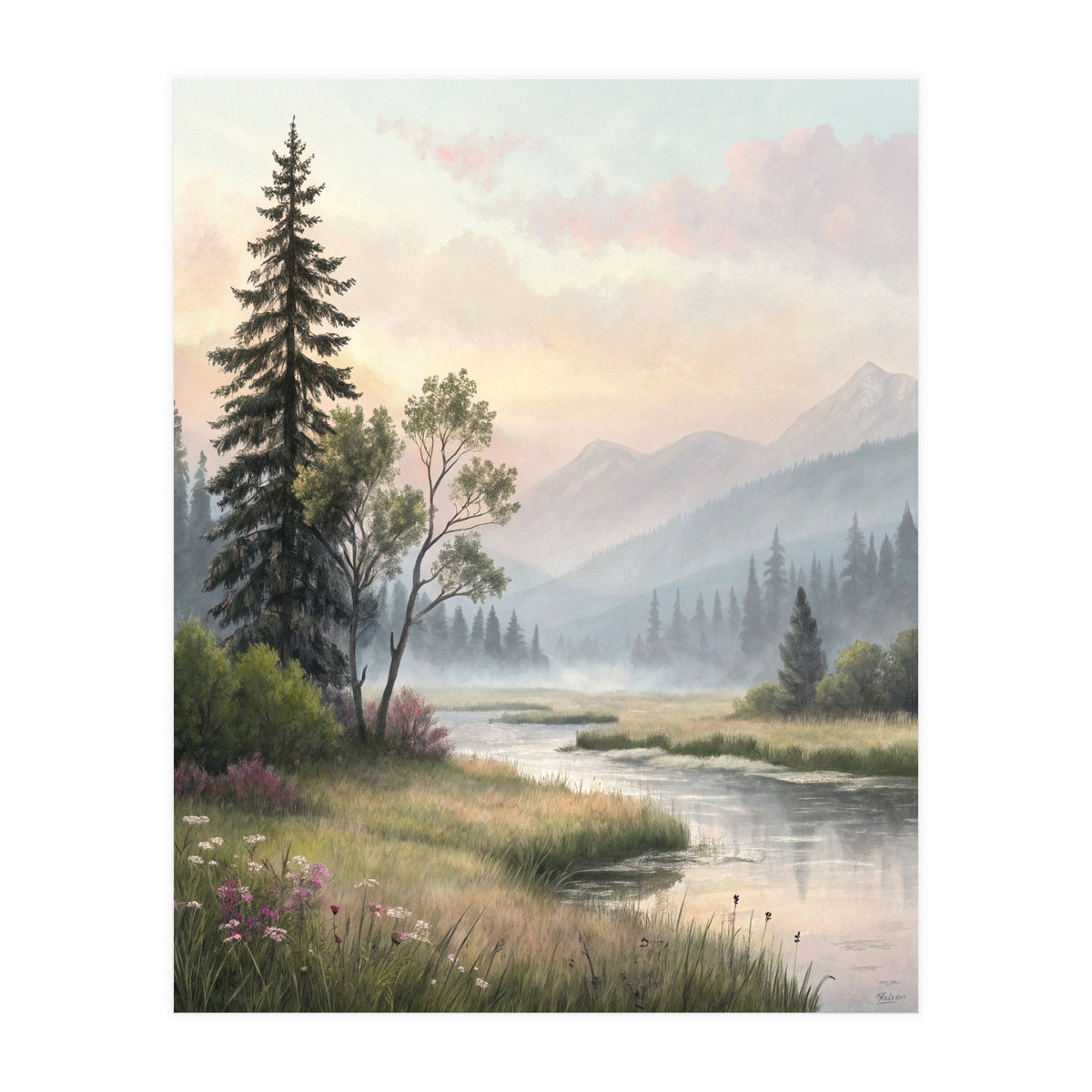 Dreamy Alpine Valley Landscape Painting (Print Only)