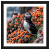 Atlantic Puffin Bird Perched On Orange Flowers