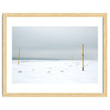 Seagulls in between the volleyball poles in winter snow beach thumbnail