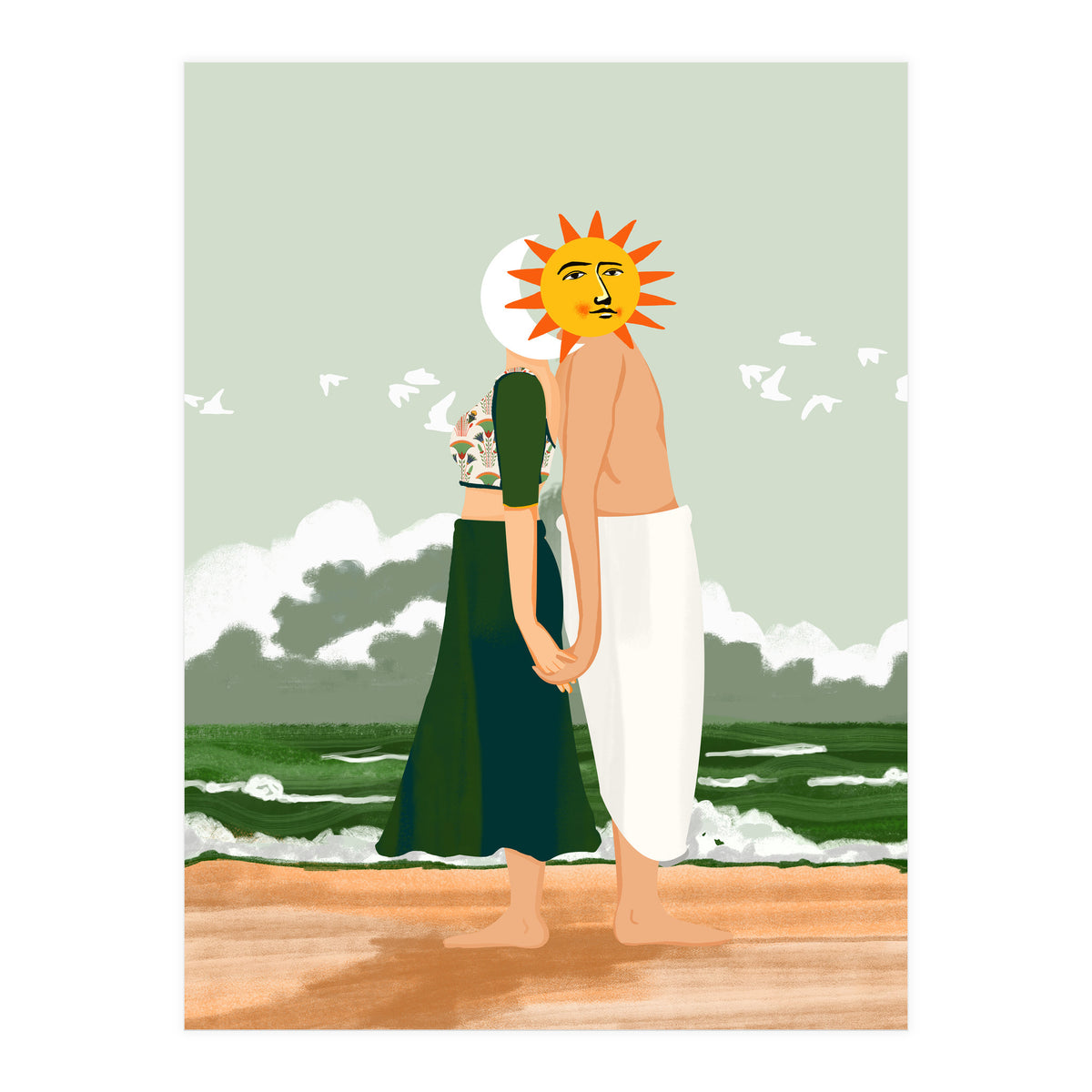 Celestial Union, Sun & Moon Love Couple, Ocean Sea Beach Landscape Nature, Summer Bohemian People (Print Only)