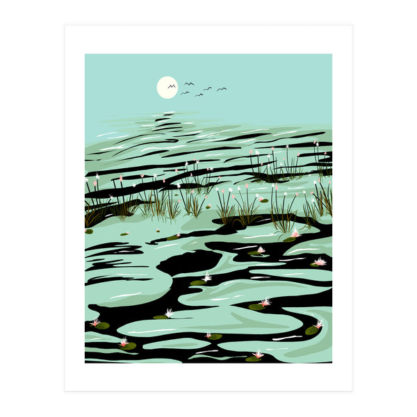 Dreamy Lake, Pastel Nature Botanical Jungle Landscape, Travel Pond Forest Plants Bohemian, Eclectic Scenic (Print Only)