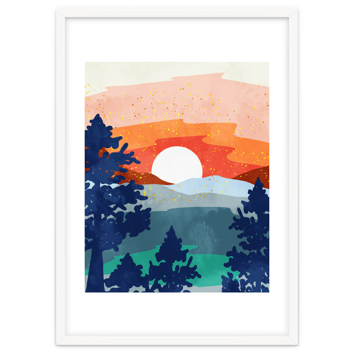 A Magical Sunset, Landscape Nature Illustration, Minimal Bohemian Painting, Mountains Adventure Travel