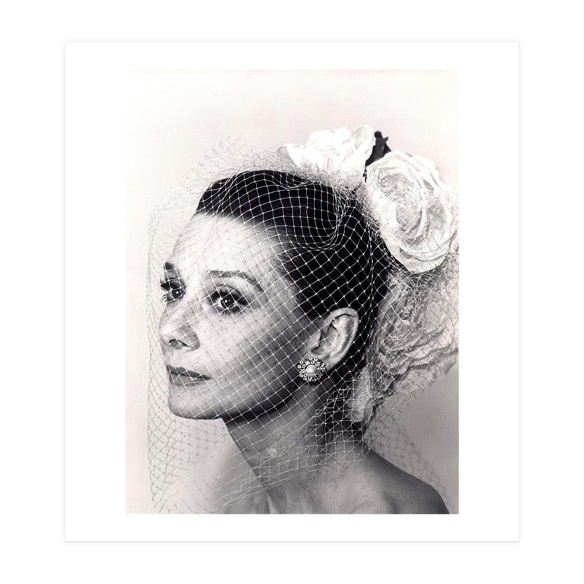 Audrey Hepburn with Veil, Classic Hollywood Glamour Photography, Black and White Icon Portrait (Print Only)