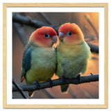 Two Lovebirds Perched On A Branch At Sunset thumbnail