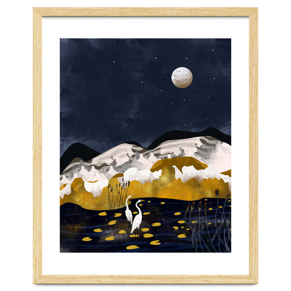 Midnight Lake, Stork Wildlife Animals Abstract Painting, Nature Landscape Travel Adventure Full Moon Night, Eclectic Gold Birds Magical Bohemian