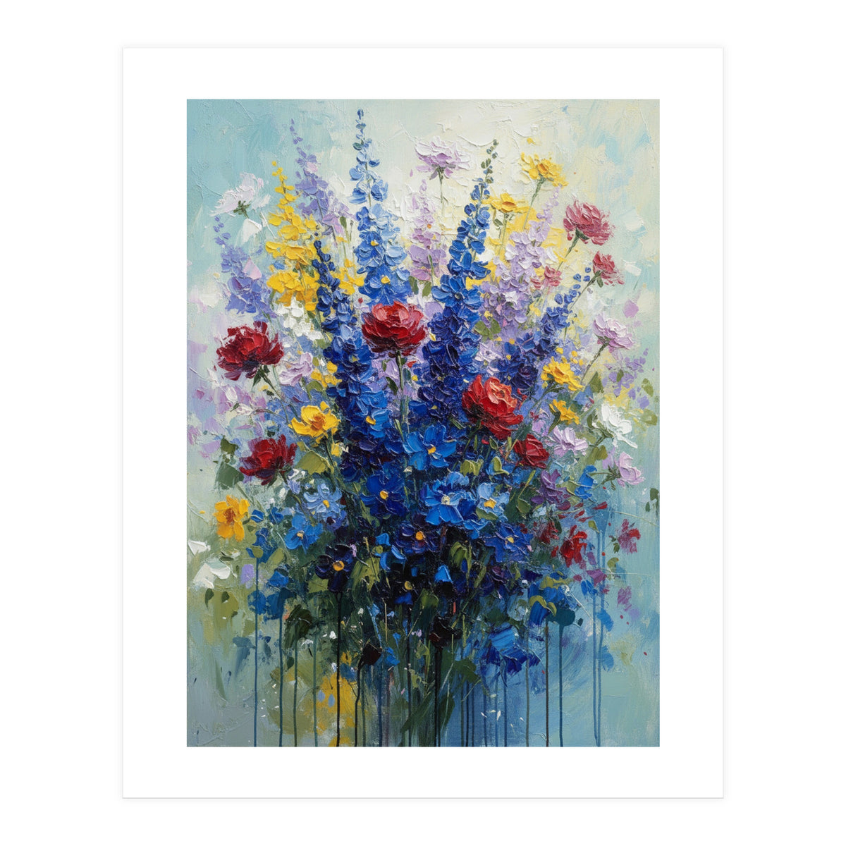 Vibrant Blue Delphinium and Red Rose Heavy Impasto Oil Painting (Print Only)