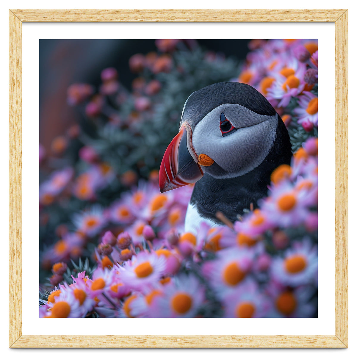 Puffin Bird Among Pink Flowers