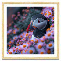 Puffin Bird Among Pink Flowers