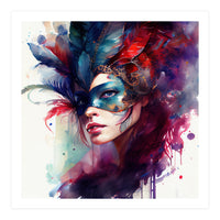 Turquoise Feathered Carnival Mask Portrait (Print Only)