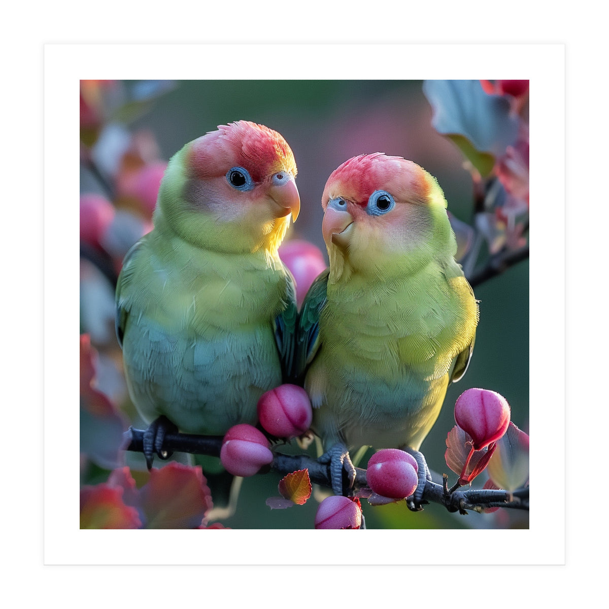 Two Lovebirds On A Branch Surrounded By Berries (Print Only)