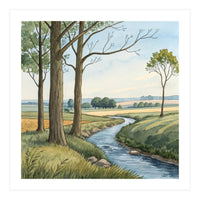 Pastoral Countryside Watercolor Painting with Winding Stream Meadows and Deciduous Trees Landscape (Print Only)