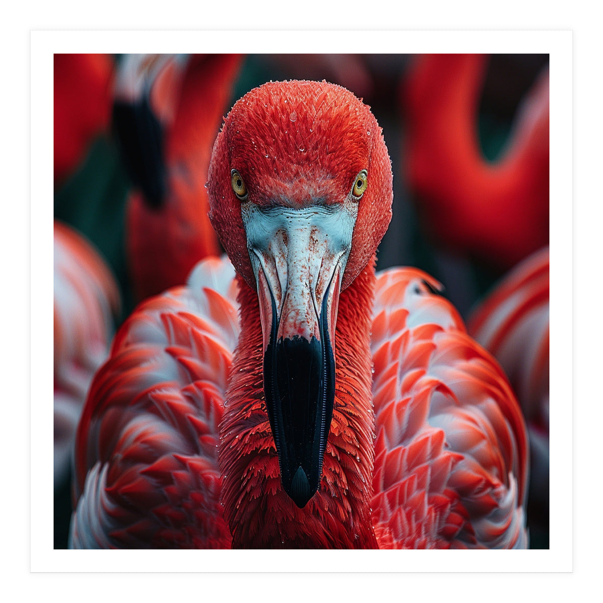 Close Up Flamingo Head With Bright Red Feathers (Print Only)