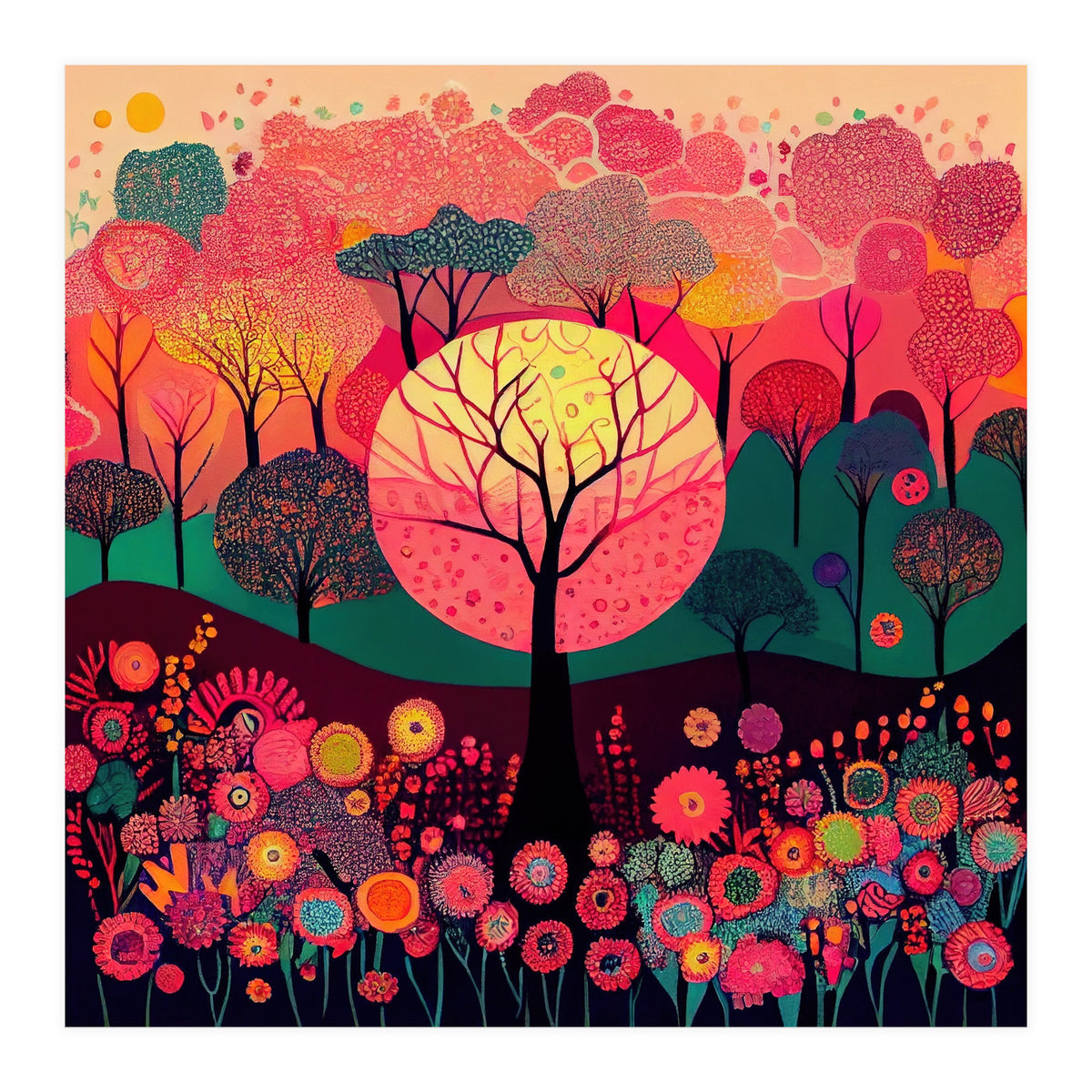 Folk Sunset Forest In Bloom (Print Only)