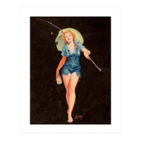 Happy Pinup Girl With A Fishing Stick (Print Only)