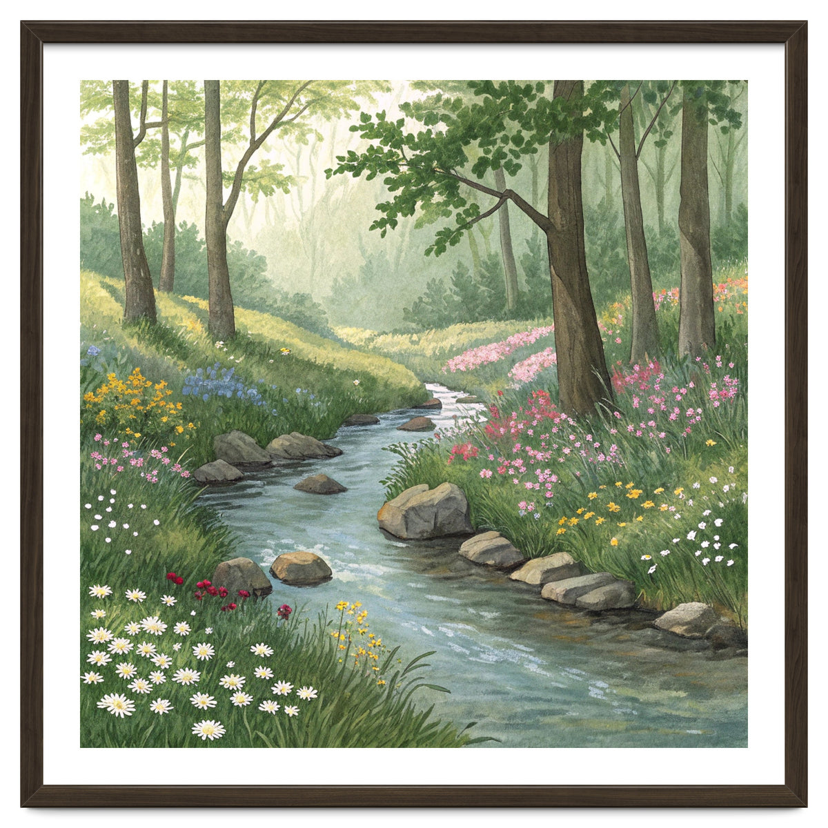 Vibrant Forest Stream Watercolor Painting