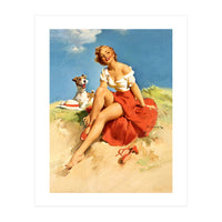 Sexy Pinup Girl On The Beach With Her Dog (Print Only)