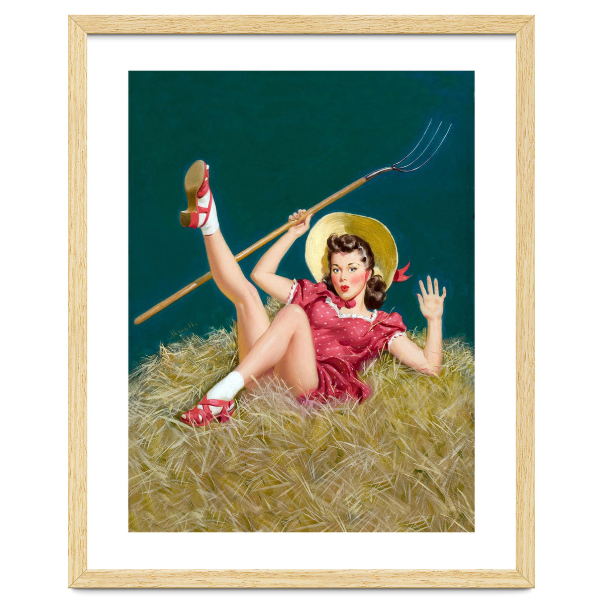 Pinup Sexy Girl Posing On A Hay With A Pitchfork