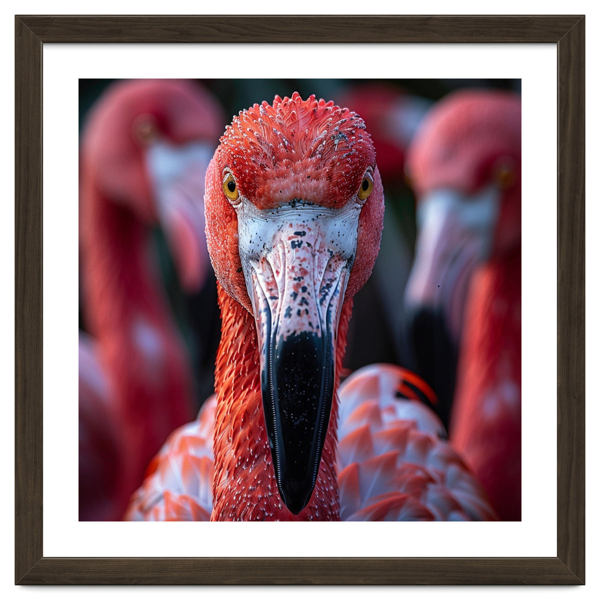 Close Up Of A Flamingo Bird Face, Pink Feathers