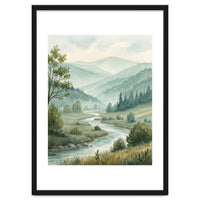 Serene River Valley in Soft Watercolor