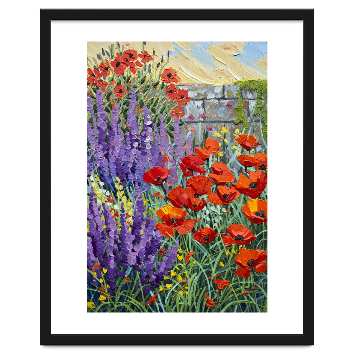 Vibrant Summer Poppy and Lavender Garden Oil Painting