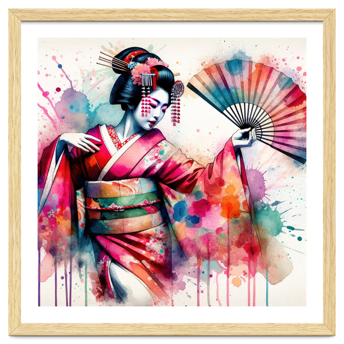 Vibrant Geisha With Rainbow Hand Fan