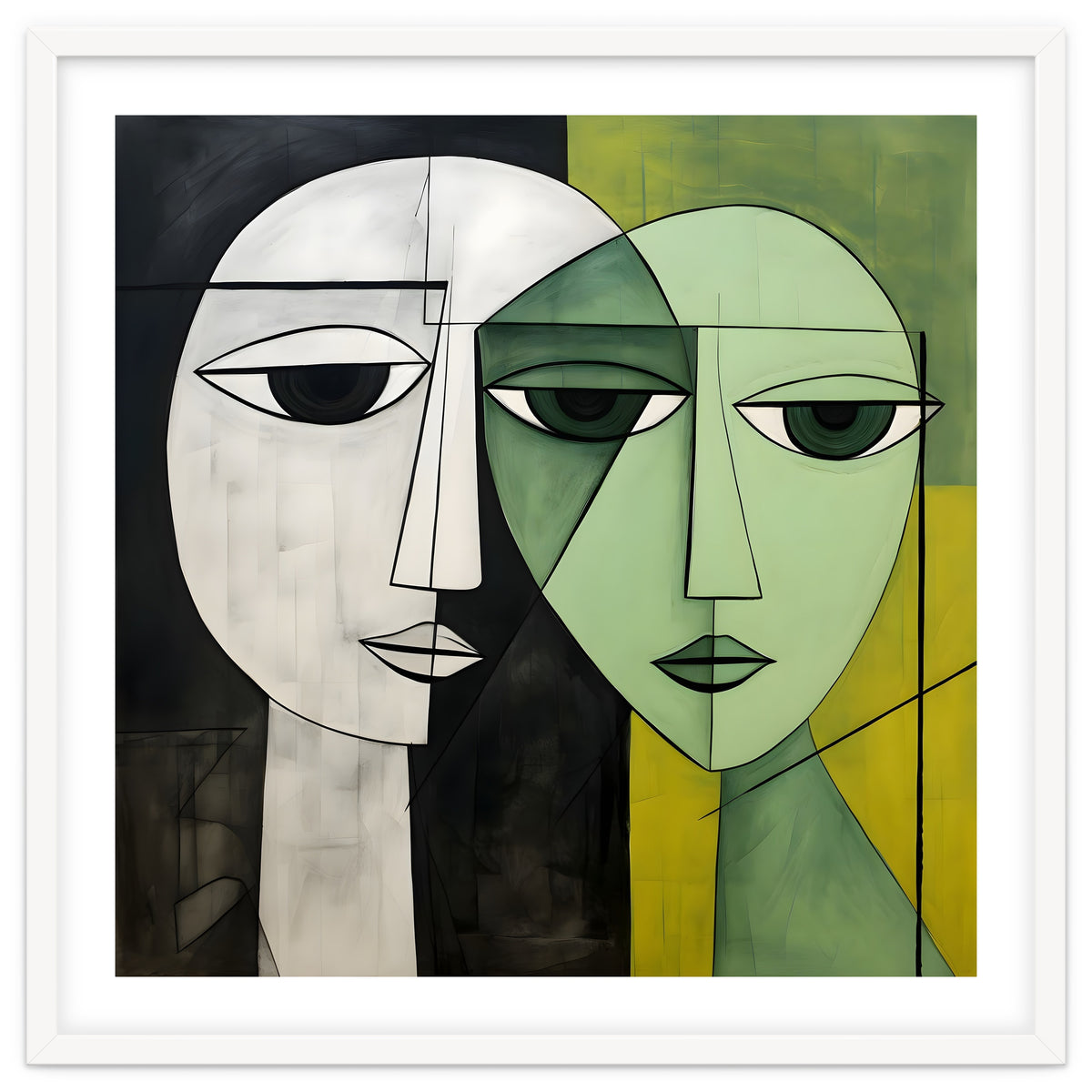 DYNAMIC FUSION, Two abstract heads converge - vibrant green tones intertwine with cool grey hues, a dance of contrast and connection.