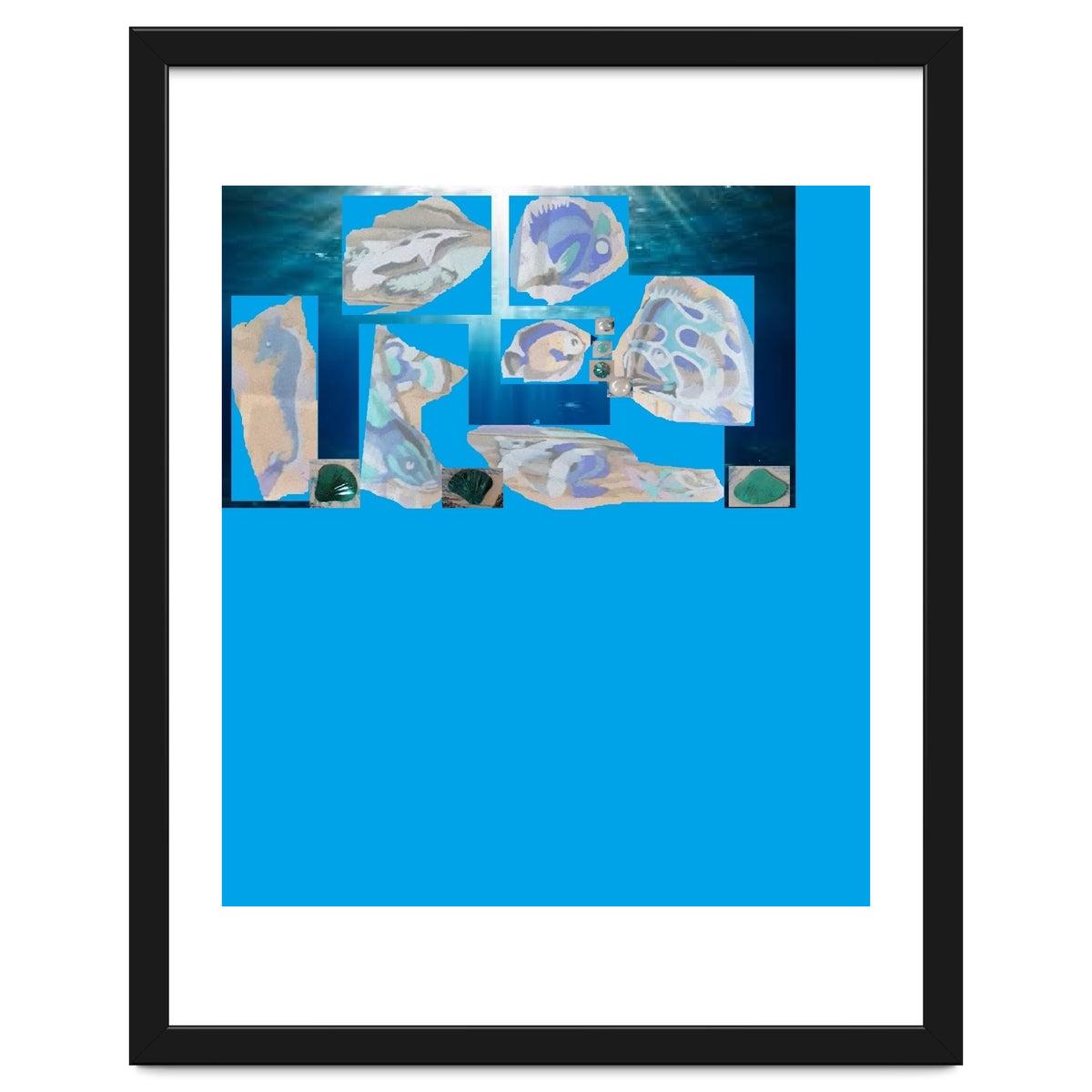 Collage Of Fishes Painted And Reversed On A Deep Blue Sea Canvas