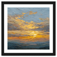 Atmospheric Golden Sunset Impasto Oil Painting Featuring Textured Clouds