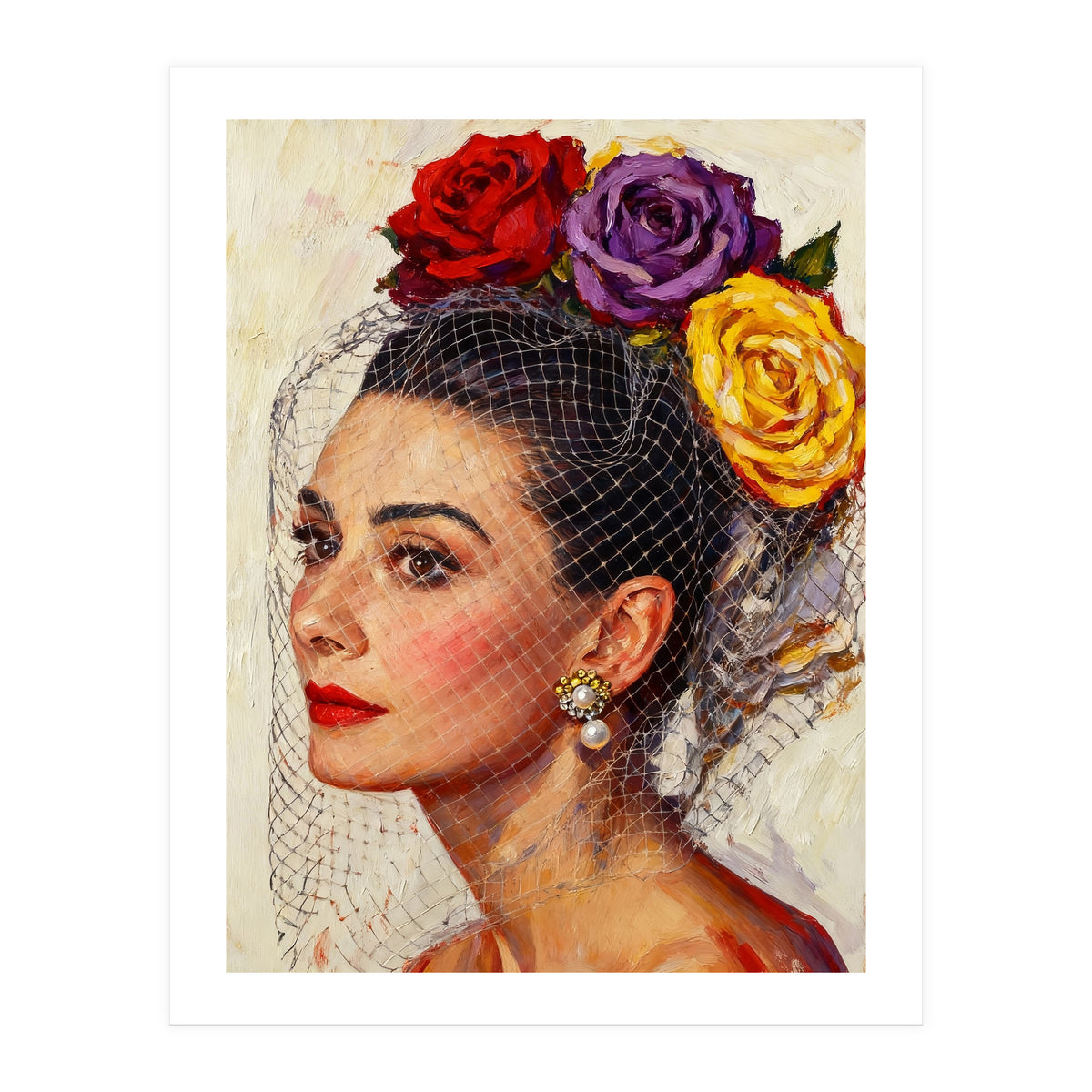 Audrey Hepburn, Impasto Floral Veil Portrait, Classic Hollywood Oil Painting, (Print Only)