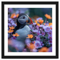 Puffin Bird Among Vibrant Purple And Orange Flowers