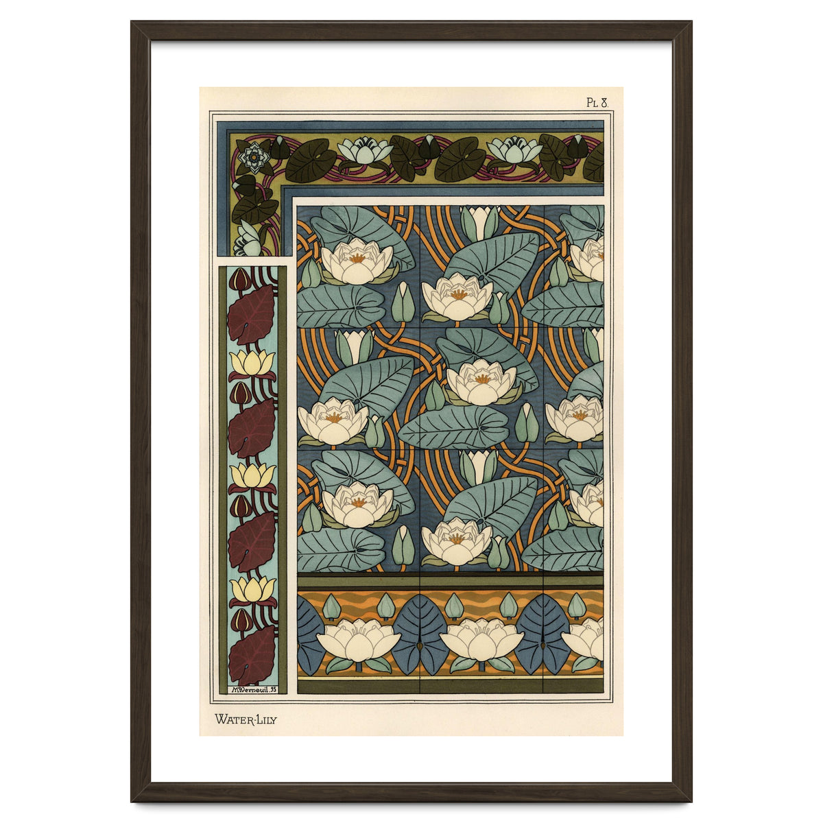 The water lily, Nelumbo lutea, in wallpaper and tile patterns. Lithograph by Verneuil.