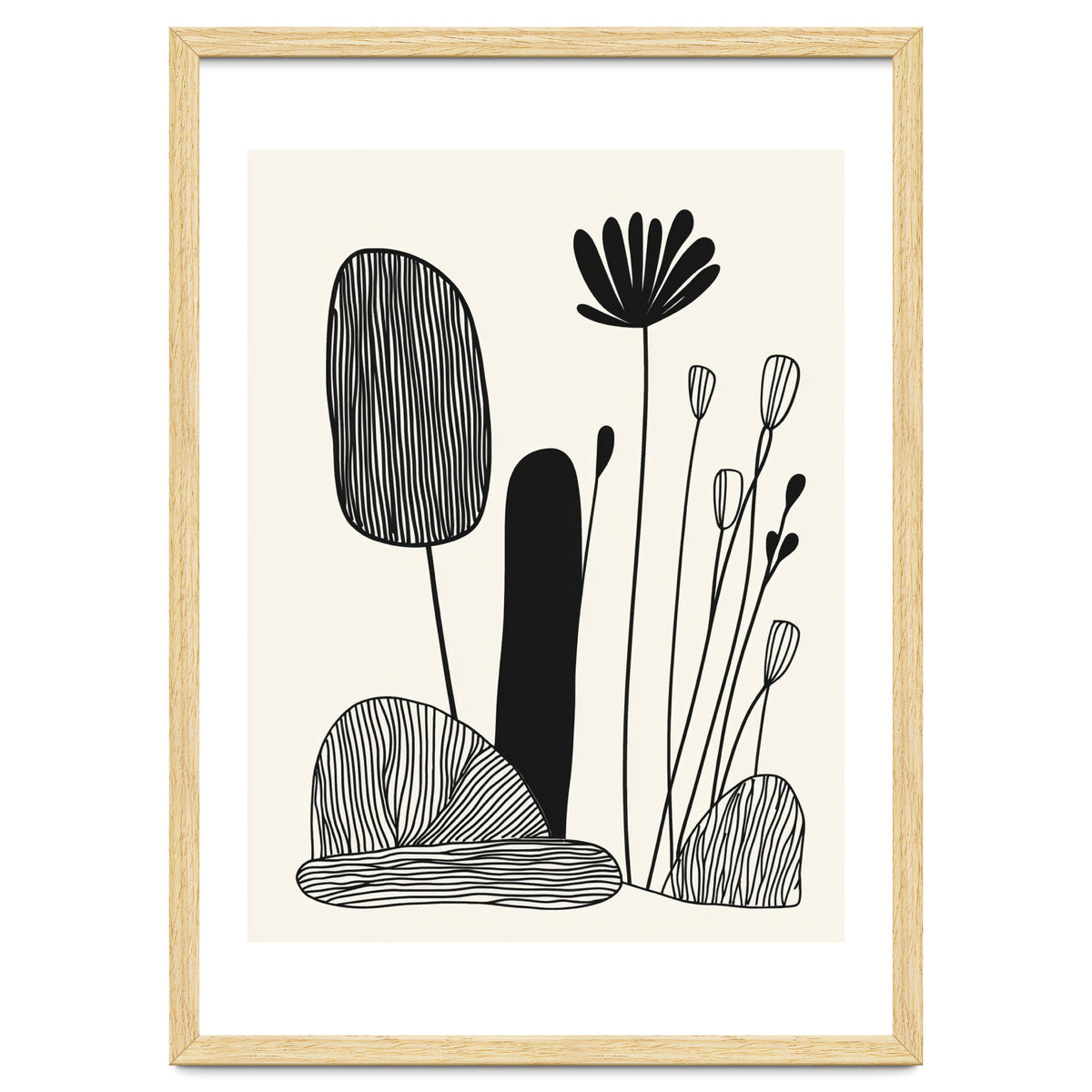 Abstract Black And White Botanical Illustration With Organic Shapes