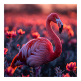Pink Flamingo Bird Standing Among Flowers At Sunset (Print Only) thumbnail