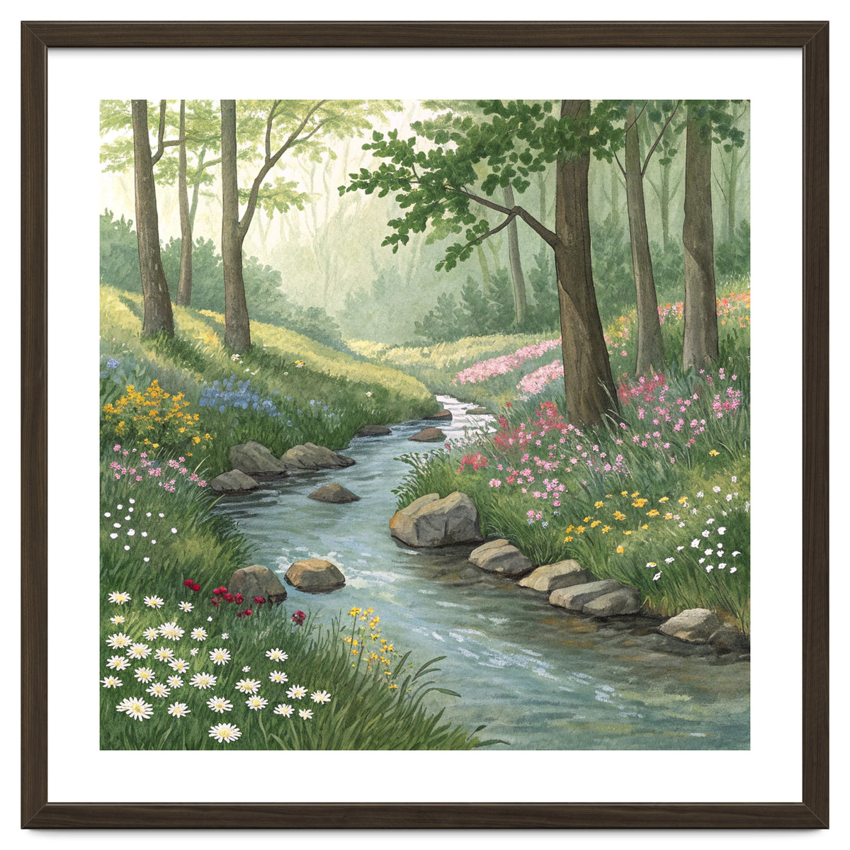 Vibrant Forest Stream Watercolor Painting