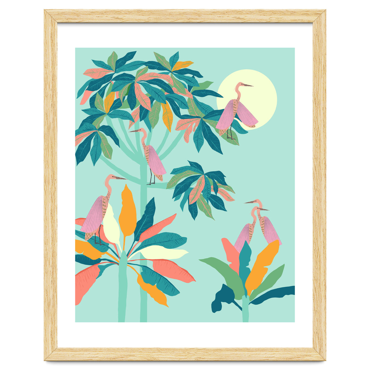 Drawn To The Moon, Stork Heron Flamingo Birds, Tropical Pastel Wildlife Forest Nature, Animals Jungle Bohemian Eclectic Fly