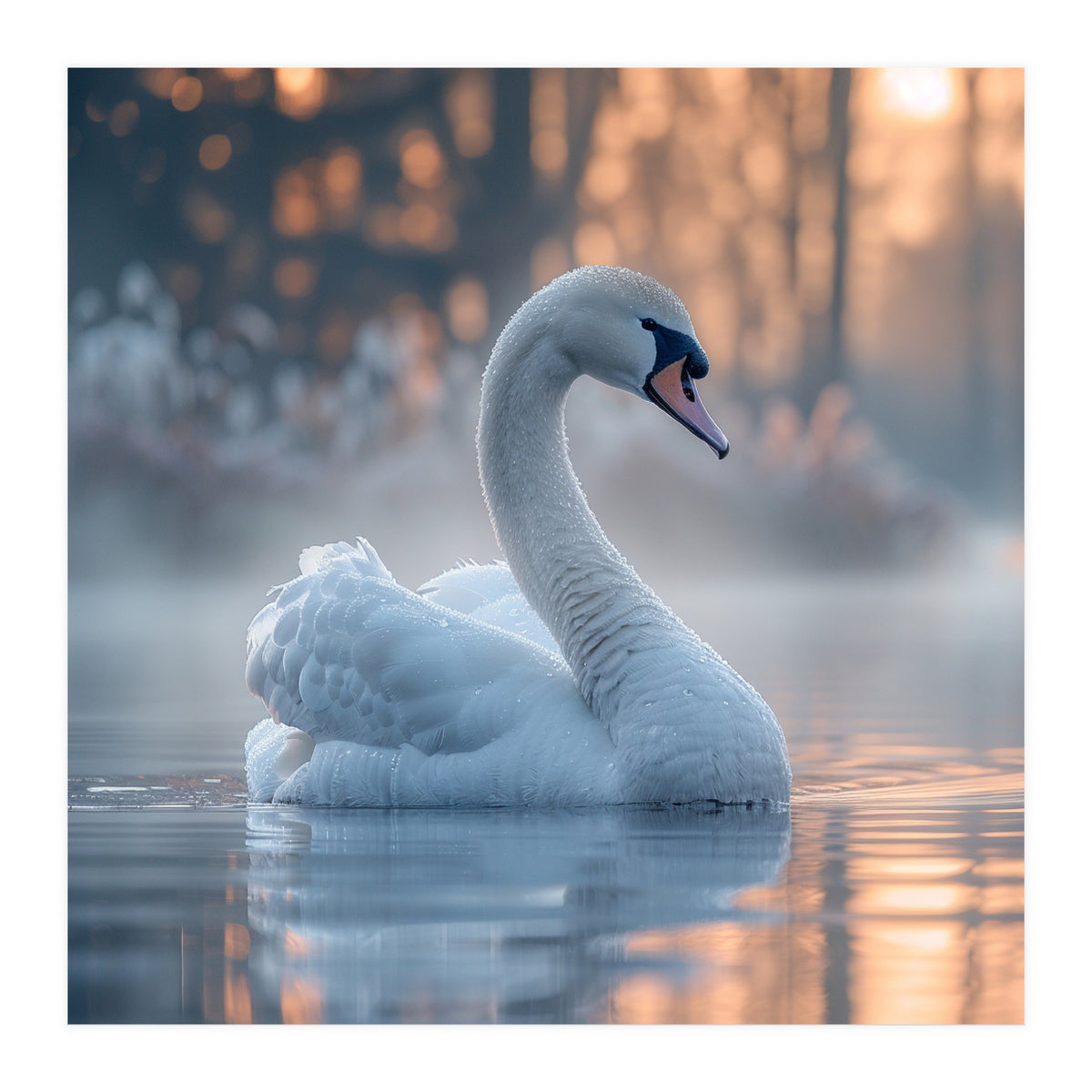 Serene White Swan Gliding On Misty Water (Print Only)