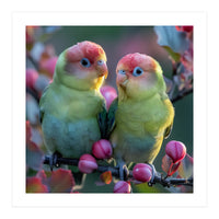 Two Lovebirds On A Branch Surrounded By Berries (Print Only)